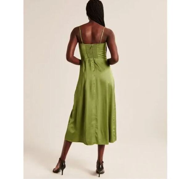 Abercrombie and Fitch Camille Green Satin Midi Dress Size Large Olive Green Date - Picture 3 of 11